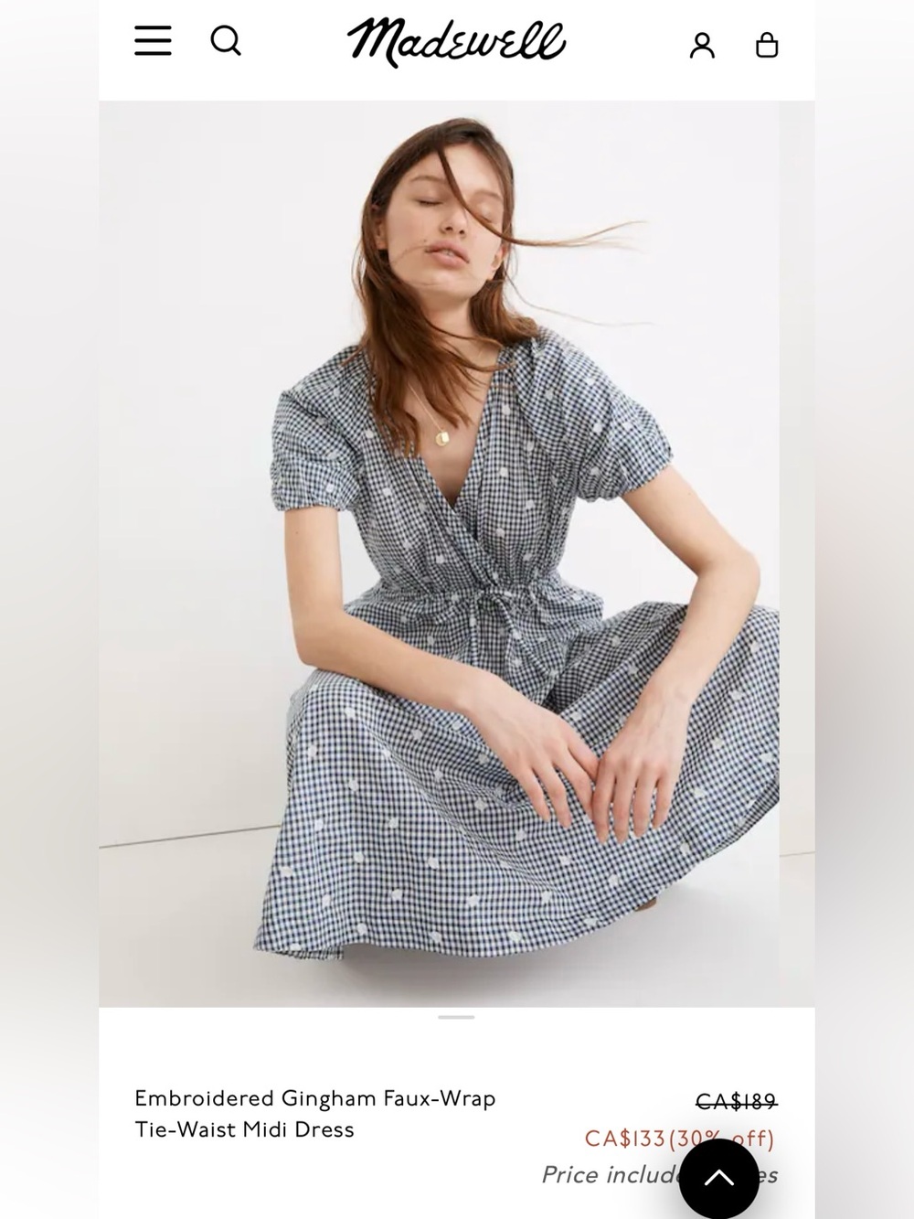 Madewell Embroidered Navy Gingham Faux-wrap Tie-Waist Midi Dress Size Small